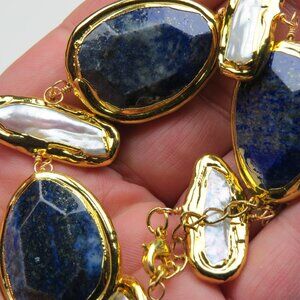 24k Gold fresh Water Pearl & Lapis Bracelet Hand Crafted